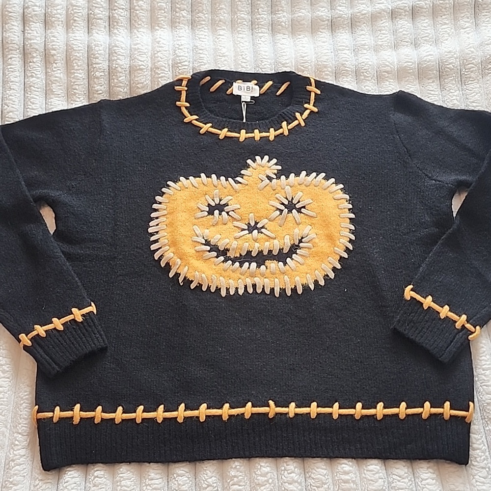 BiBi Halloween Sweater with Orange Jack-O-Lantern Appliqué